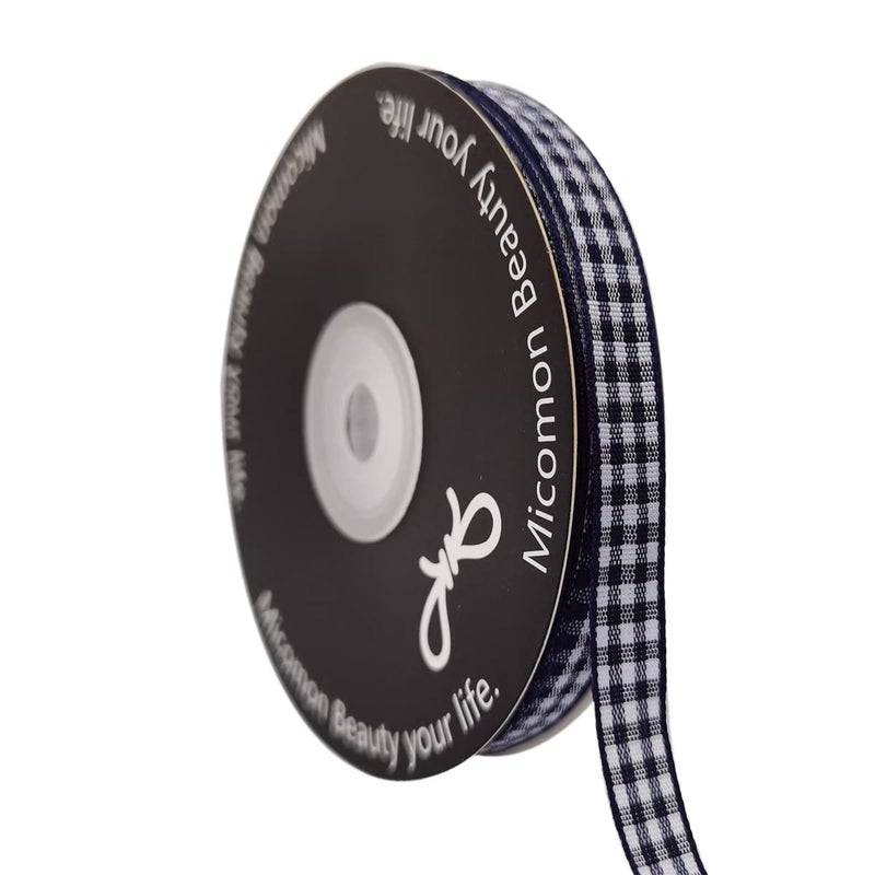 Micomon Blue Gingham Woven Edge Ribbon 25 Yards Per Spool,Dark Blue Checked Crafts 3/8 Inch Wide (3/8"", Navy) - Image 1